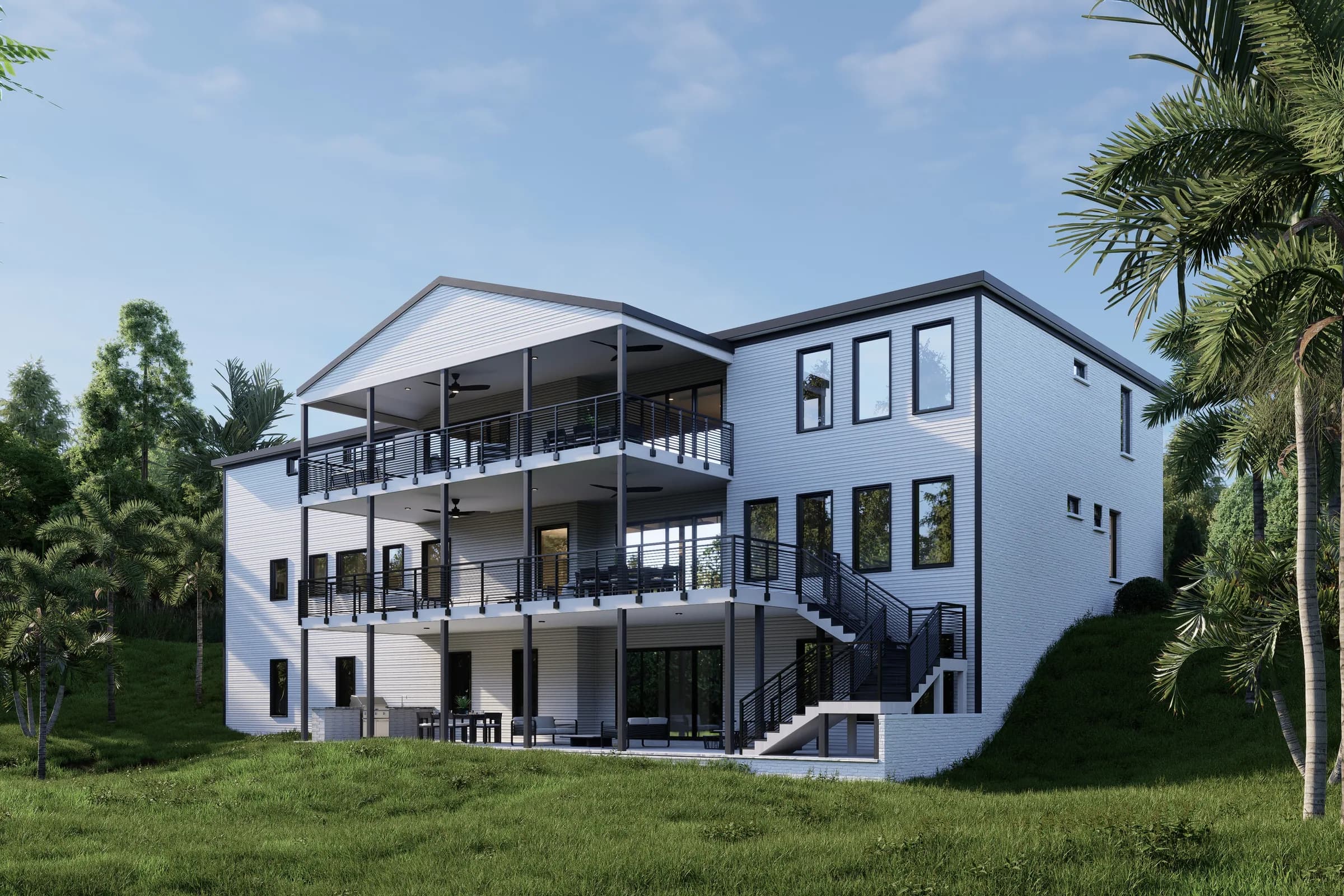 Rear elevation with stacked covered porches facing the wooded acreage