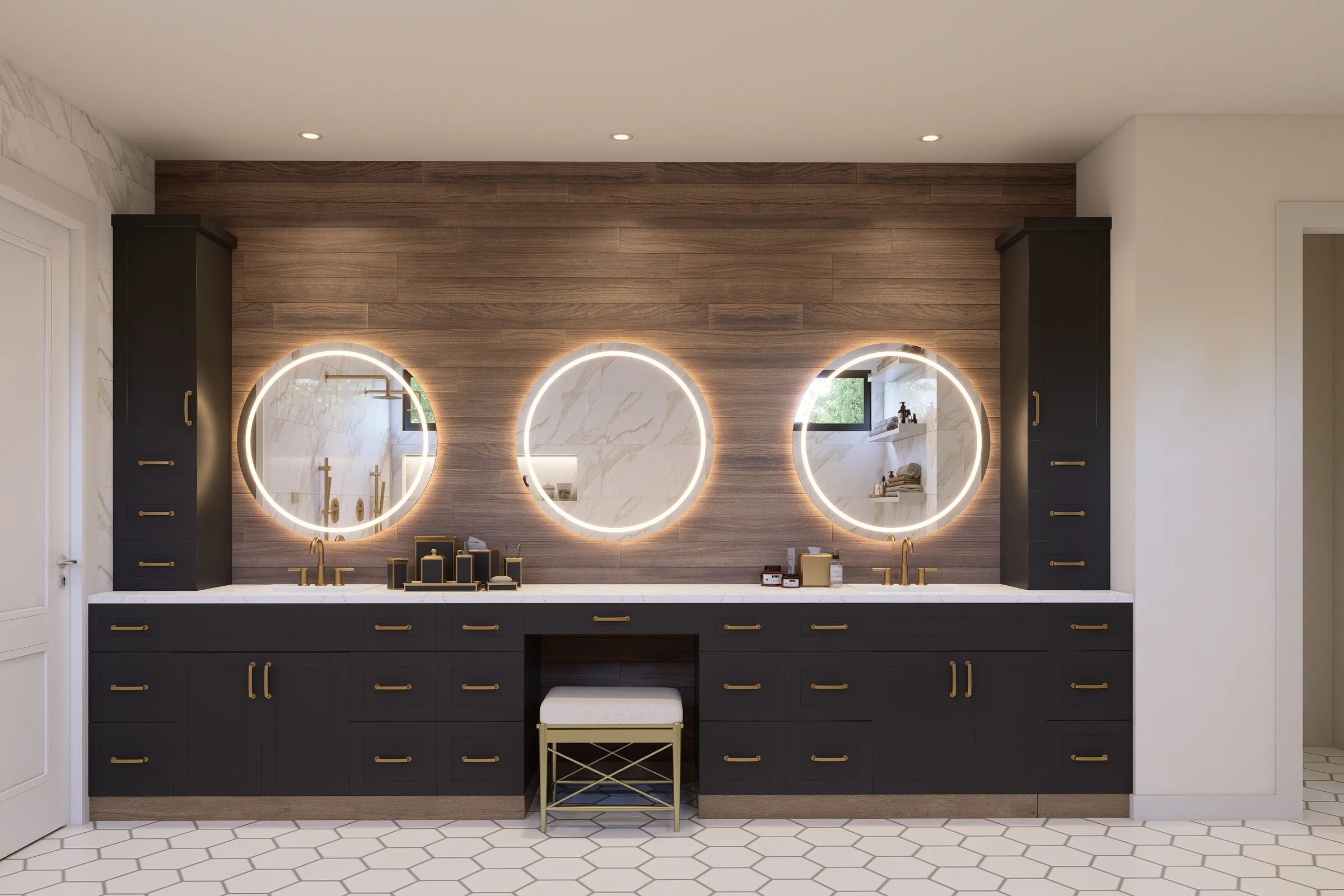 Primary bathroom vanity with dual sinks