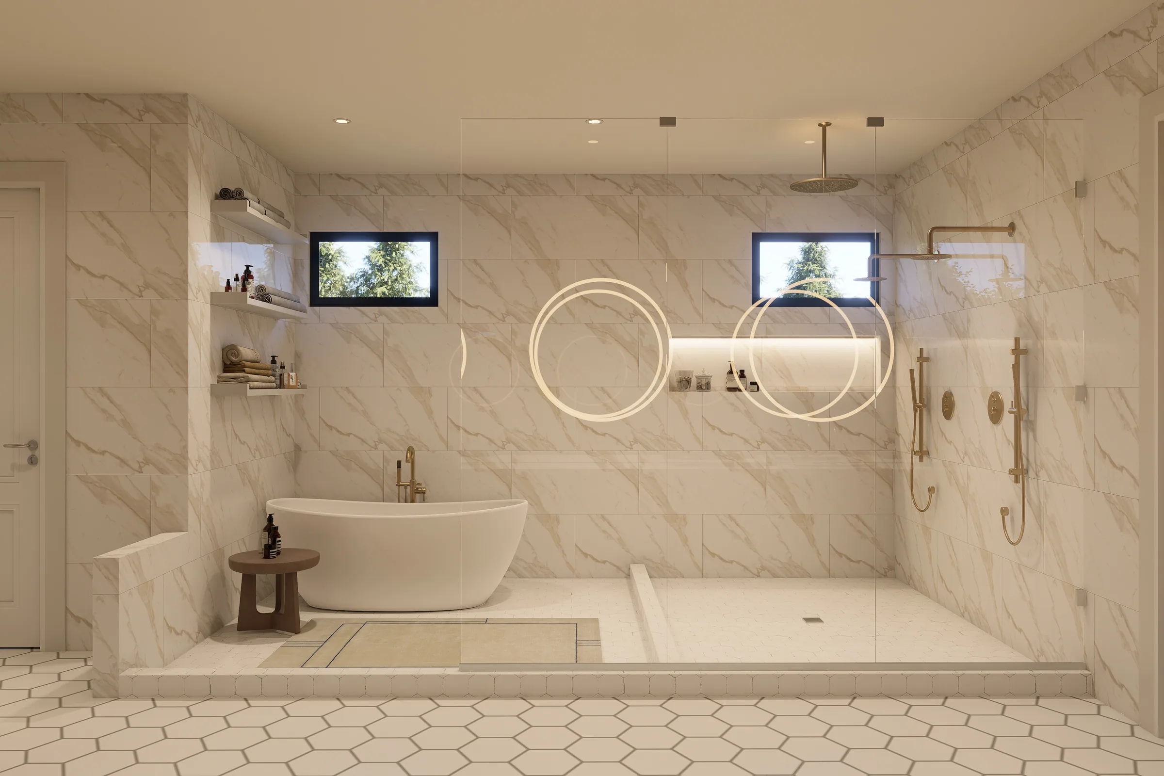 Spa-style primary bathroom with freestanding tub