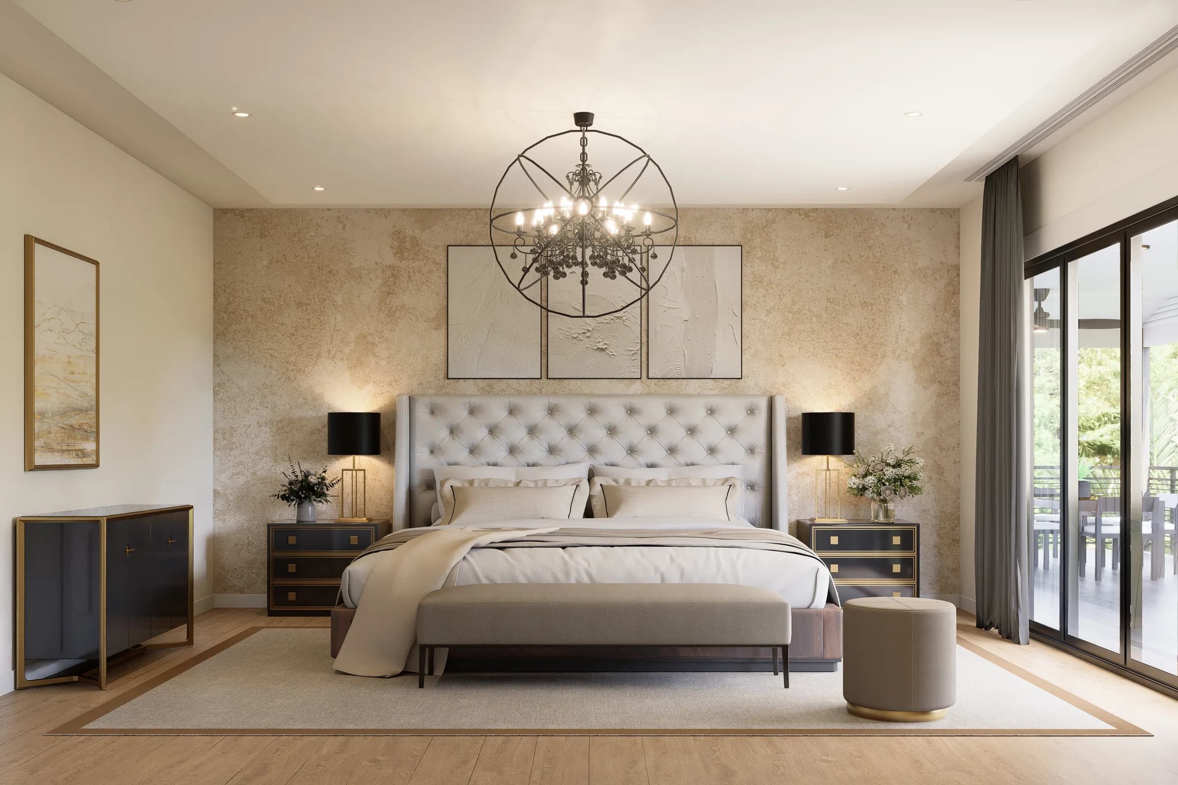 Primary bedroom opening onto a private covered balcony