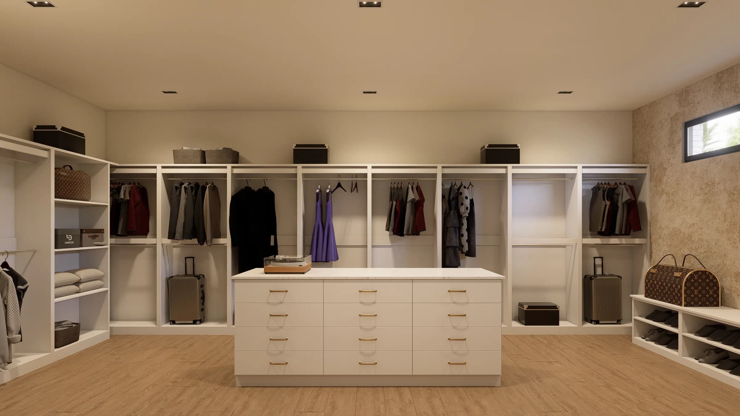Walk-in closet with custom millwork and island